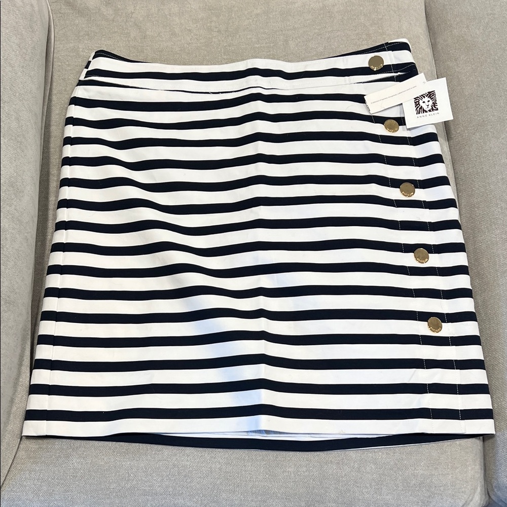 Anne Klein Skirt Womens 14 White Blue Stripe A-Line Button Trim Nautical Lined